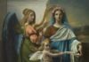 Artistic Devotion: The Beauty of Religious Paint by Numbers woman in green and brown dress holding baby painting