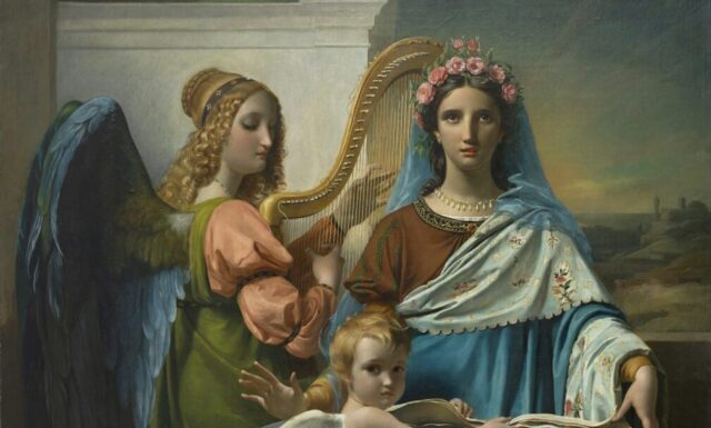 Artistic Devotion: The Beauty of Religious Paint by Numbers woman in green and brown dress holding baby painting